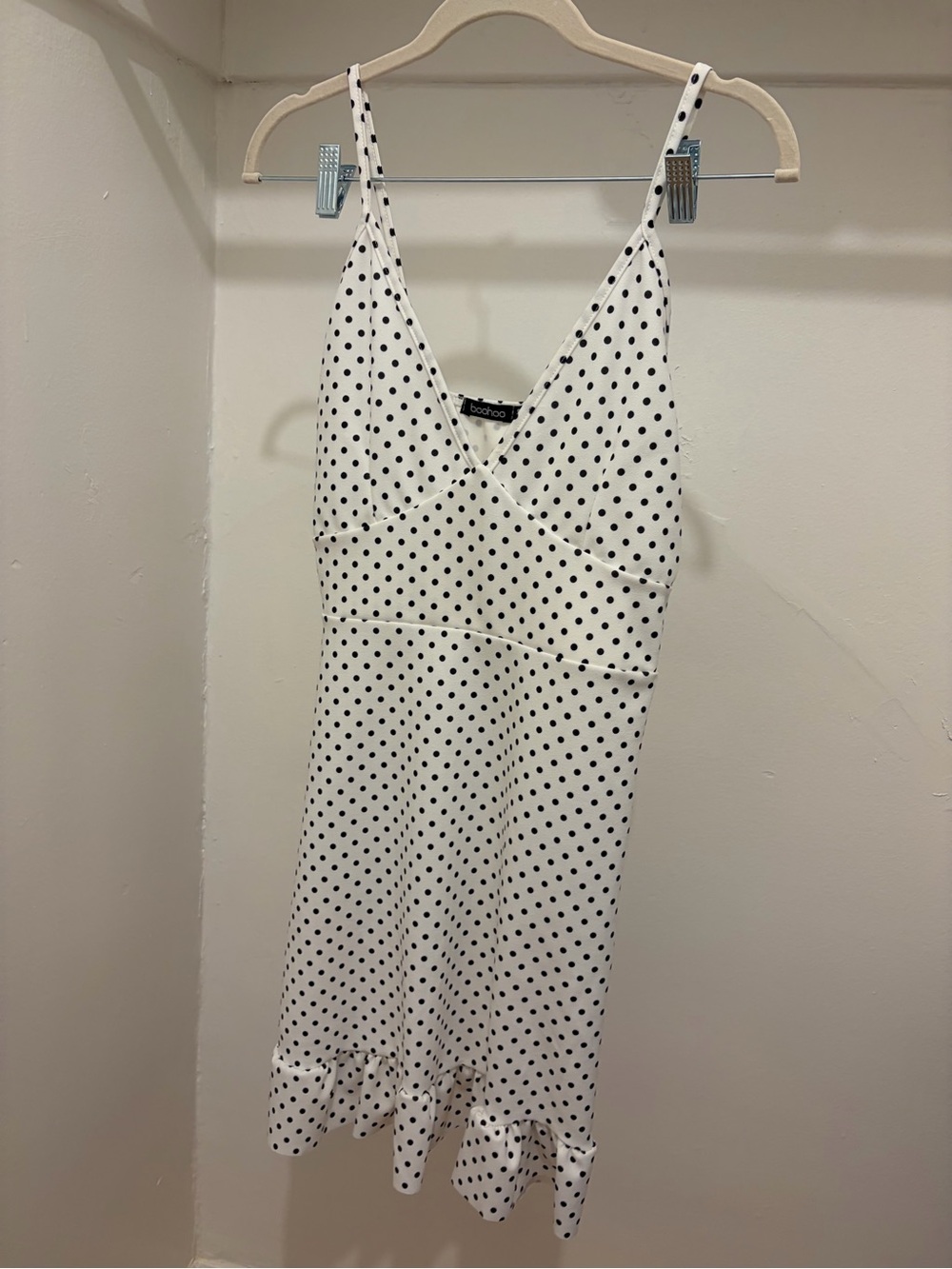 Boohoo White and Black Polka Dot Slip Dress with Ruffle Hem